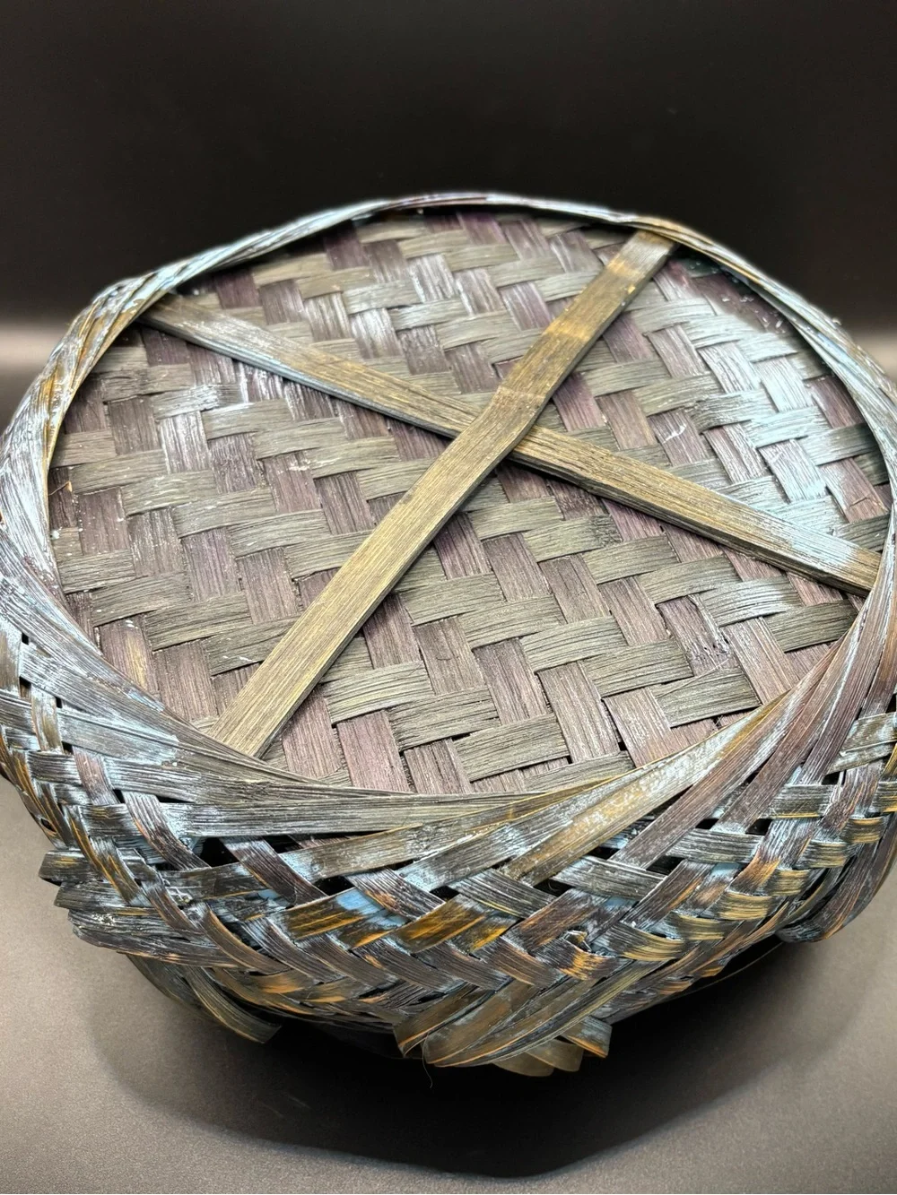 Vintage Japanese Ikebana Style Woven Bamboo Basket Bowl Smoked Patina